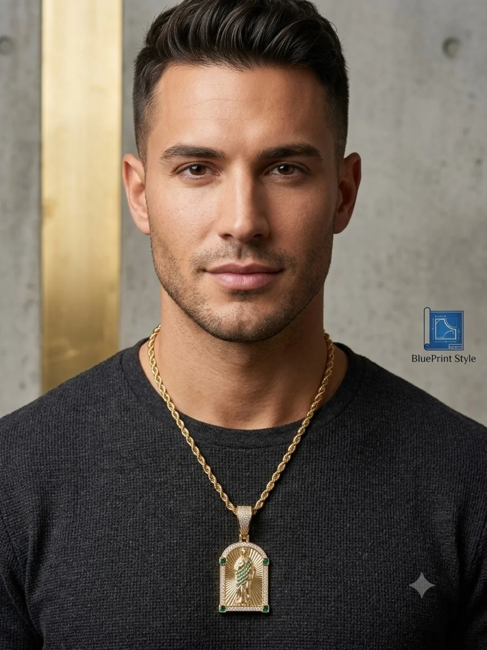 Men's Gold Emerald Jesus Pendant with Rope Chain Necklace